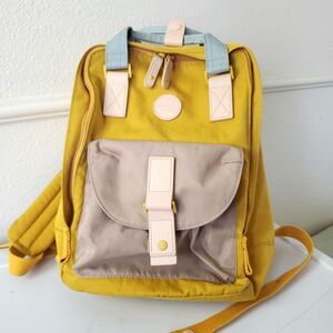 Himawari Contrast Waterproof Canvas Backpack Bag with Round Label Mustard Yellow